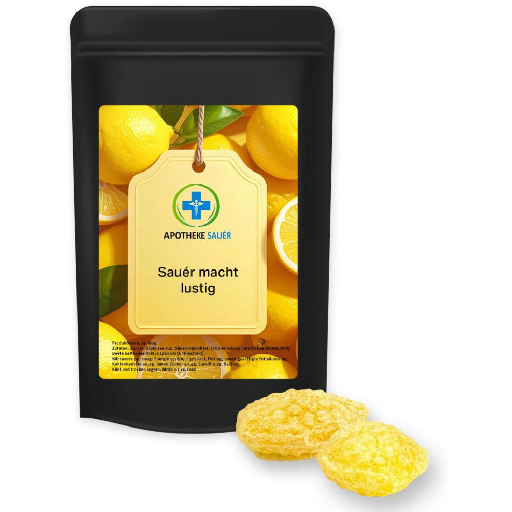 Zitronenbonbons mit Vitamin D, ca. 80g, Standbeutel Midi schwarz Werbeartikel