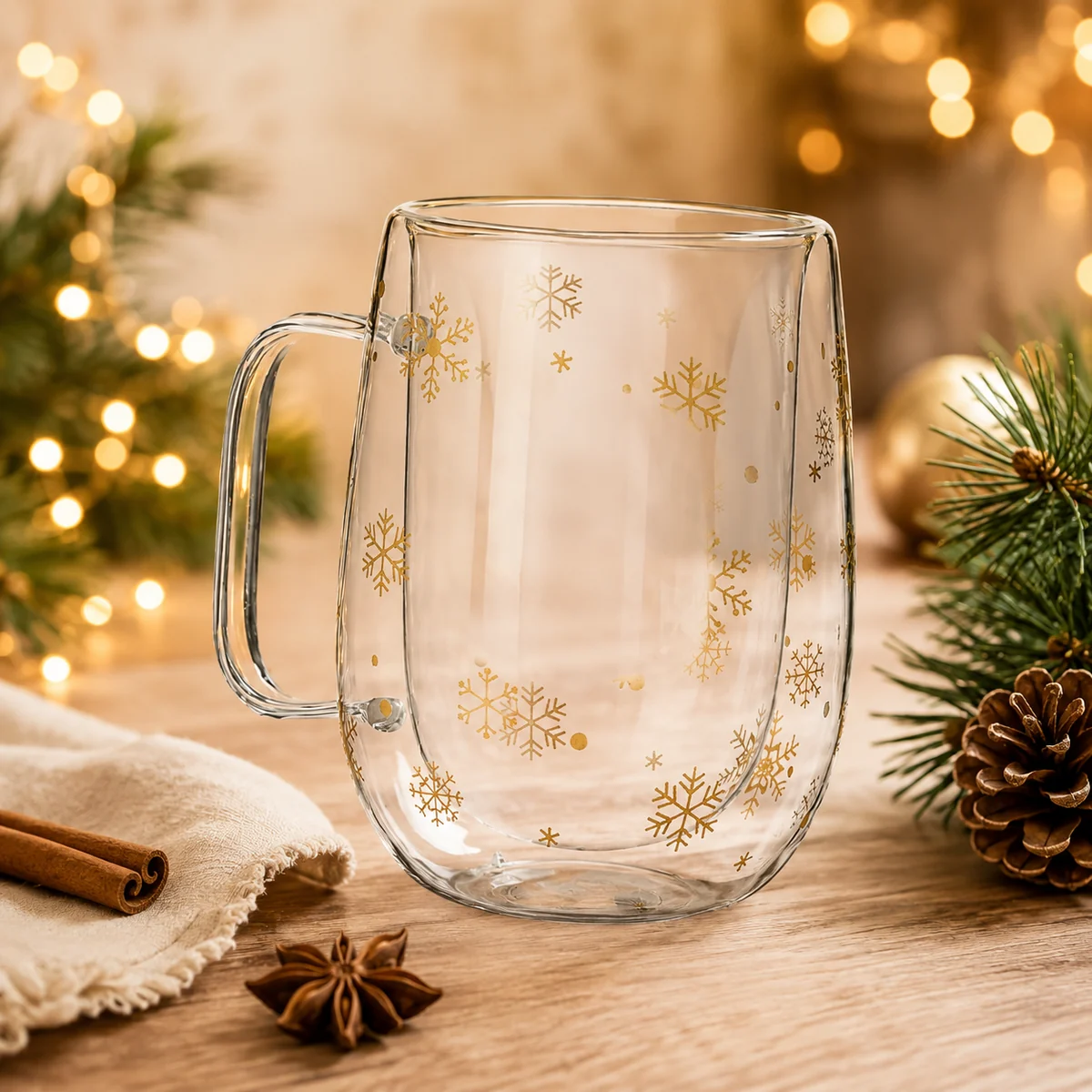 Transparente Thermotasse aus Glas mit goldenen Schneeflocken als weihnachtliches Werbegeschenk