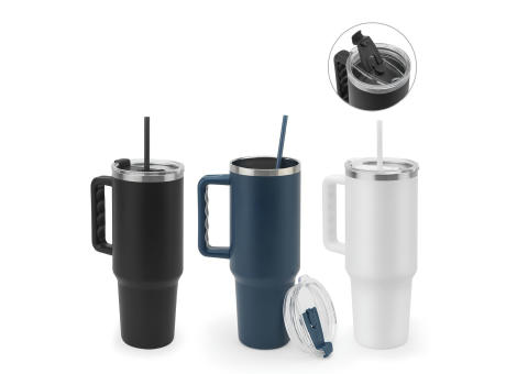 JOYNER XL. Grosser Reisebecher aus Edelstahl (91 % recycelt) mit vakuumisolierter Doppelwand und matter Oberfläche 1300 ml Werbeartikel