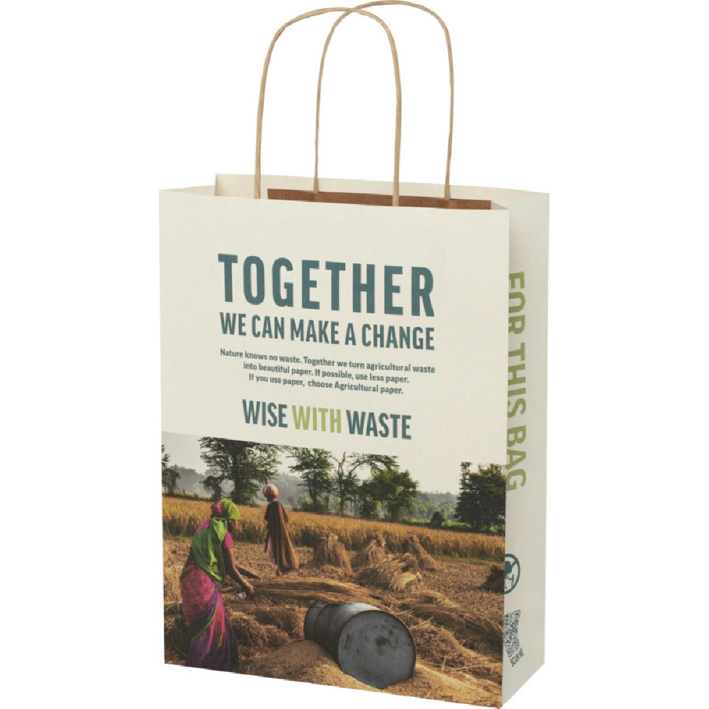 Product image Papiertüte 150 g/m² aus landwirtschaftlichen Reststoffen mit gedrehten Griffen – 24 × 9 × 32 cm Werbeartikel