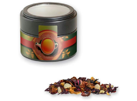 Product image Früchtetee gute Laune, ca. 30g, Metalldose Mini mit Sichtfenster schwarz Werbeartikel