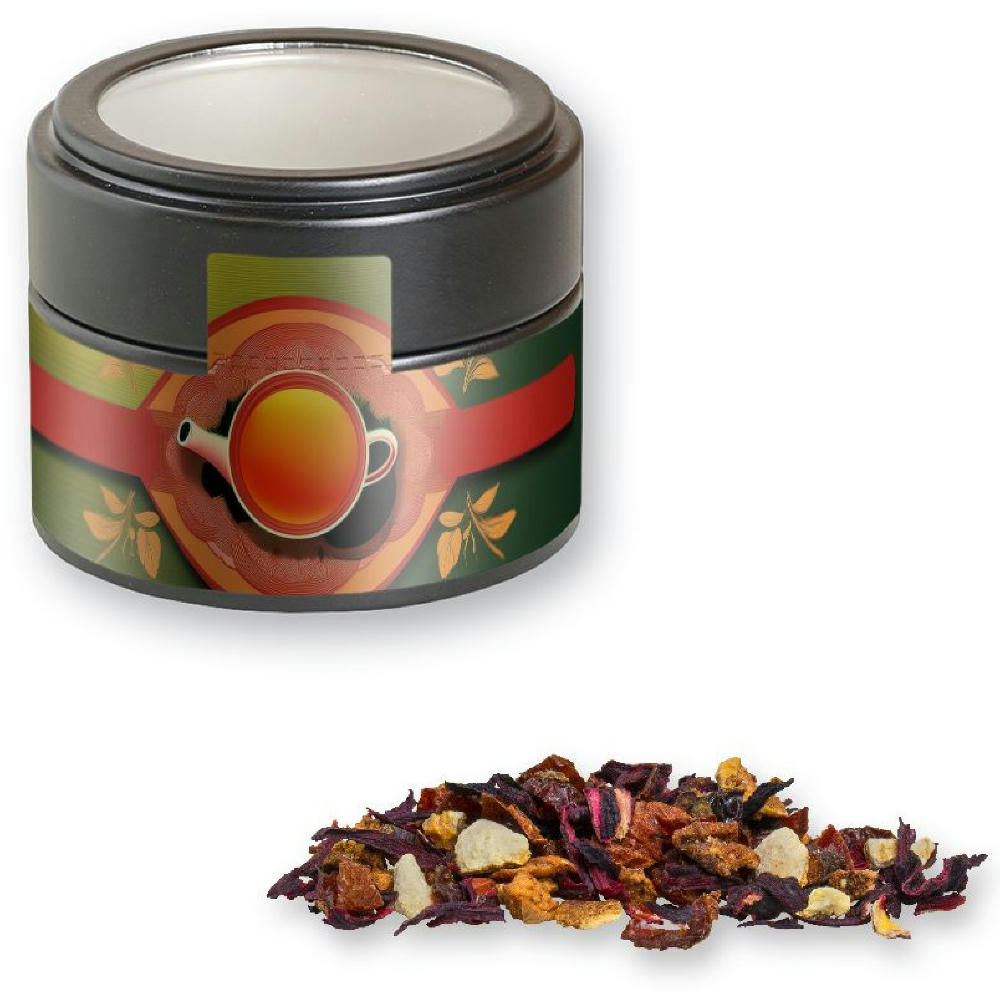 Product image Früchtetee gute Laune, ca. 30g, Metalldose Mini mit Sichtfenster schwarz Werbeartikel