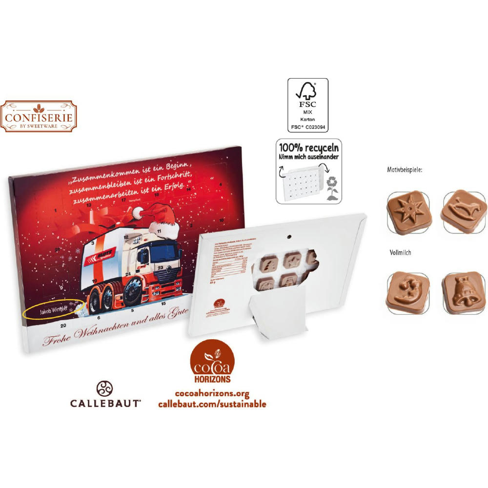 Product image Tisch-Adventskalender personalisiert mit Name und Botschaft, gefüllt mit 60g Callebaut Vollmilch Schokolade