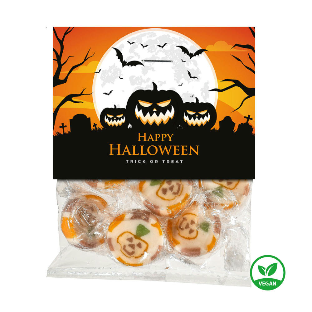 Sweet Halloween No. 1 Folientütchen mit veganen Kürbis-Bonbons und bedruckbarem Werbereiter mit Firmenlogo