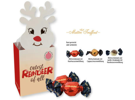 Weihnachtspralinés in Motivkartonage "Rentier",   5 Stück, Inhalt: Pralinen Milchschokolade mit Cappuccinocremefüllung bedrucken