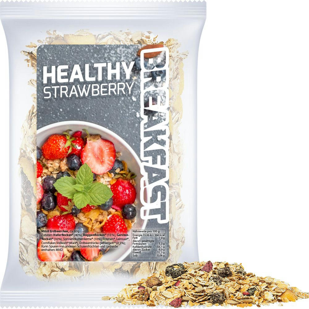 Product image Müsli Erdbeerchen, ca. 50g, Express Maxi-Tüte mit Etikett Werbeartikel