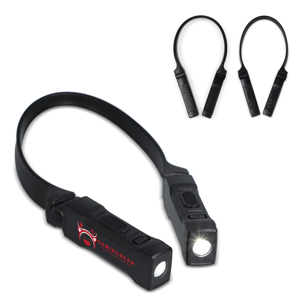 Product image Aufladbare Nackenleuchte mit zwei Leuchtköpfen für freihändiges Arbeiten – Nackenlampe mit Logo