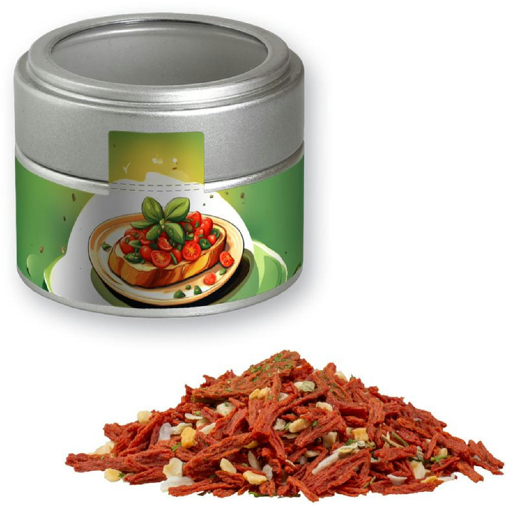 Gewürzmischung Toskanische Bruchetta, ca. 40g, Metalldose Mini mit Sichtfenster silber Werbeartikel