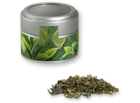 Product image Grüner Tee mit Minze, ca. 18g, Metalldose Mini mit Sichtfenster silber Werbeartikel