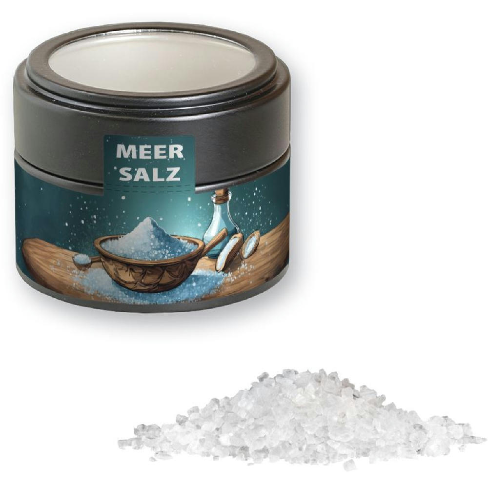 Meersalz, ca. 110g, Metalldose Mini mit Sichtfenster schwarz Werbeartikel