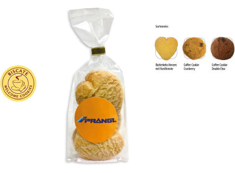 Product image Cookies Bodenstandbeutel mit Werbeaufkleber, 5 Stück, Inhalt: Butterkeks Herzen Werbeartikel