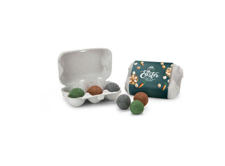 Geschenkartikel / Präsentartikel: Bienenweide im Oster-Eierkarton, 6 bunte Samenbomben Werbeartikel