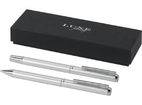 Lucetto Set mit Kugelschreiber und Tintenroller aus recyceltem Aluminium (schwarze Mine) bedrucken