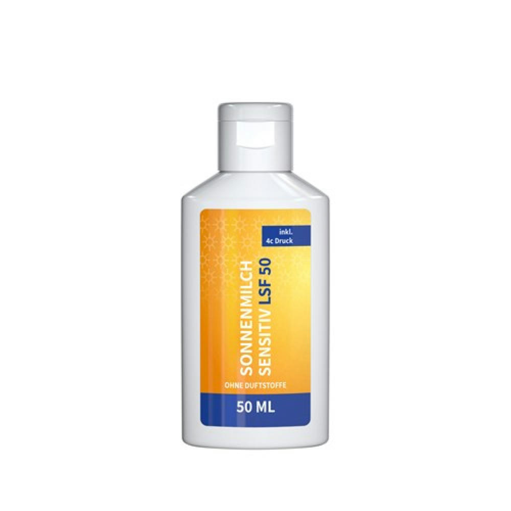 50 ml Flasche - Sonnenmilch LSF 50 (sensitiv) - Body Label Werbeartikel