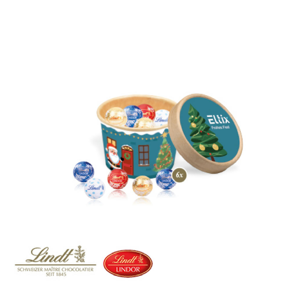 Product image Christmas Paperbox Werbekartonage individuell bedruckt mit Firmenlogo, gefüllt mit 6 Stück Lindt Minis