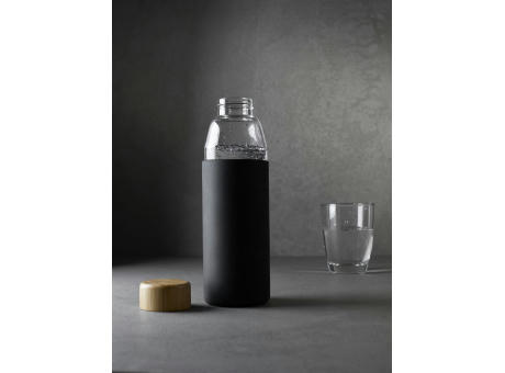 Product image Hitzebeständige Glas-Trinkflasche 0,5 l mit Bambusdeckel, Silikonmanschette und Geschenkbox bedrucken