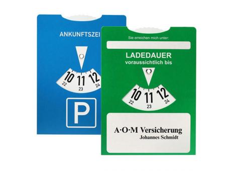 Kartonparkscheibe mit Ladedaueranzeige für E-Autos Werbeartikel