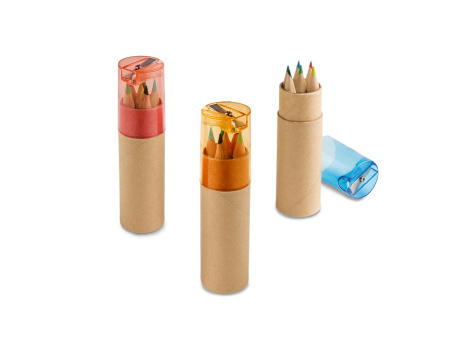 ROLS. Bleistiftbox mit 6 Buntstiften und einem Deckel mit Anspitzer Werbeartikel