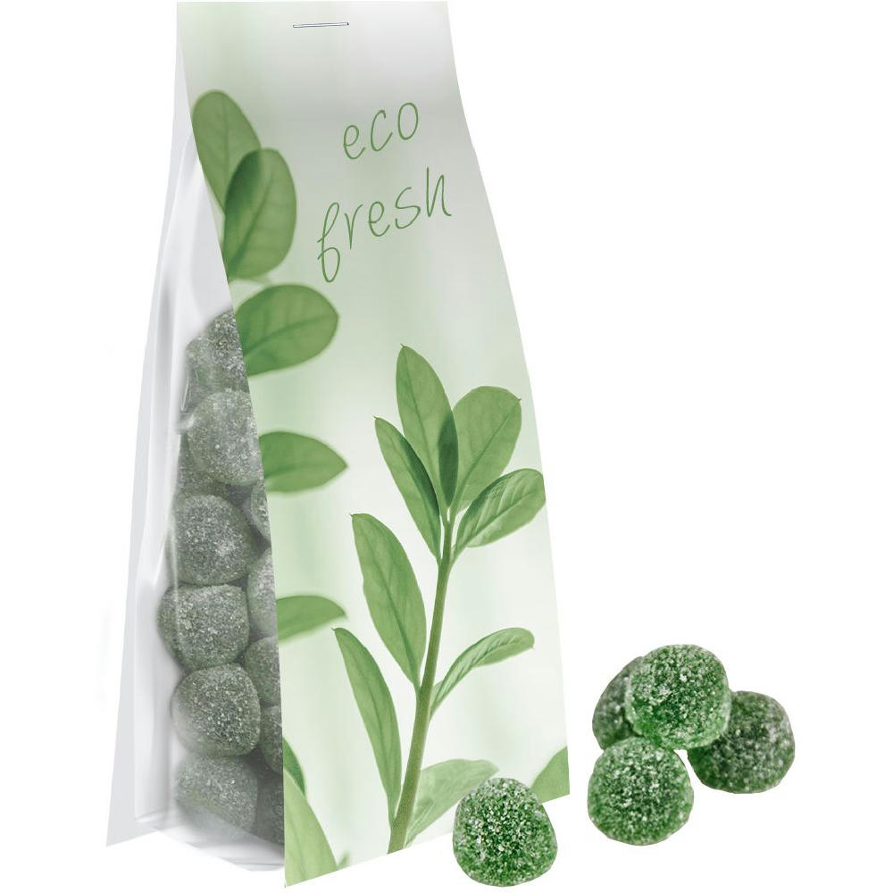 Eukalyptus Menthol Fruchtgummi mit Gelatine, ca. 40g, Express Blockbodenbeutel mit Werbereiter Werbeartikel