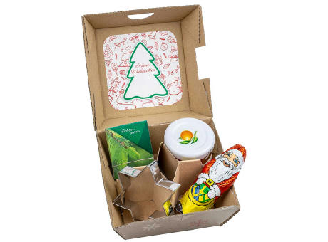 Geschenk-Set Xmas - V5 - Samen-Stick Fichte, Backförmchen Stern, ein Gläschen Orangenmarmelade und Schoko-Nikolaus Werbeartikel