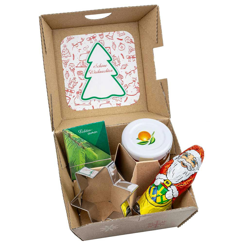 Product image Geschenk-Set Xmas - V5 - Samen-Stick Fichte, Backförmchen Stern, ein Gläschen Orangenmarmelade und Schoko-Nikolaus Werbeartikel