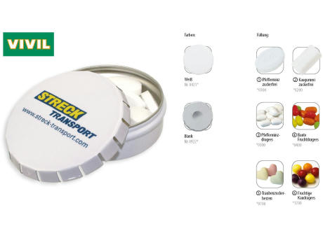 Klick-Dose-75, blank 45 g, Inhalt: Bunte Fruchtdragees gemischt (Dose) Werbeartikel