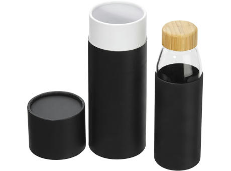 Hitzebeständige Glas-Trinkflasche 0,5 l mit Bambusdeckel, Silikonmanschette und Geschenkbox bedrucken