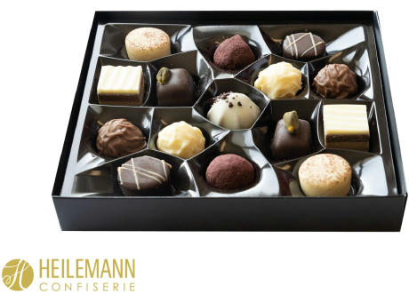 Heilemann Mini Pralinés im Schuber, schwarz/weiß 91 g, Inhalt: Heilemann Mini Pralinés Werbeartikel