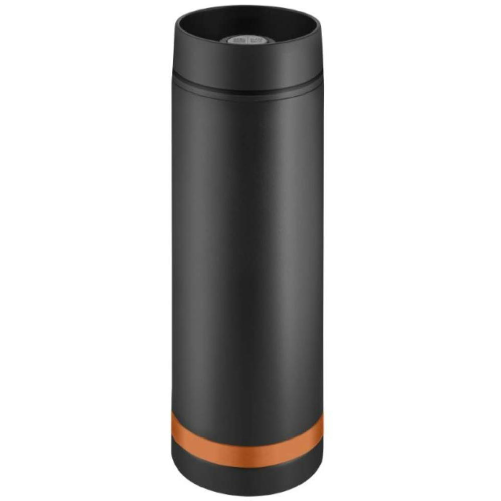 Product image Metmaxx® Thermobecher "Crema" 360° schwarz/Ring orange Werbeartikel
