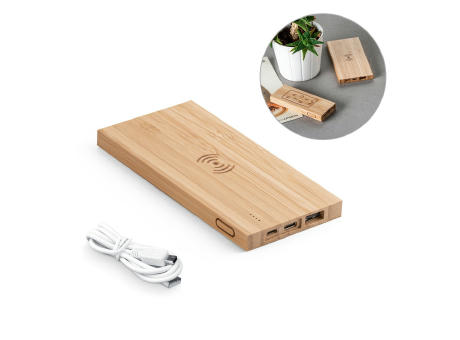 FITCH. Powerbank 5'000 mAh mit 5W wireless Ladegerät aus Bambus bedrucken