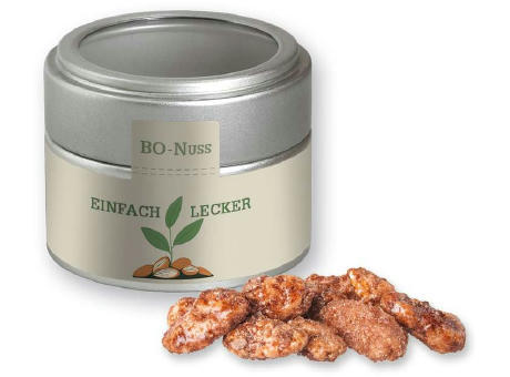 Product image Feuergebrannte Mandeln, ca. 60g, Metalldose Mini mit Sichtfenster silber bedrucken