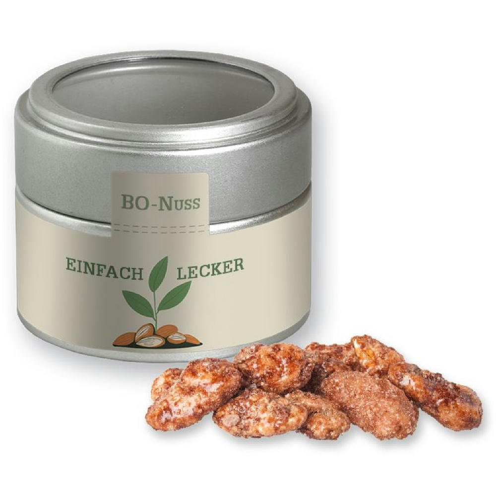Product image Feuergebrannte Mandeln, ca. 60g, Metalldose Mini mit Sichtfenster silber Werbeartikel