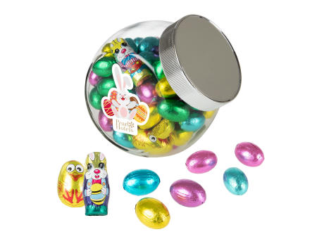 Medium Glaskrug 0.9L mit Ostern Schokolade Werbeartikel