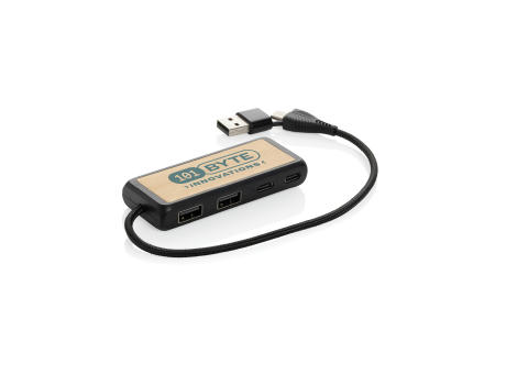 Link Dual Input USB Hub aus RCS rec. Kunststoff und Bambus Werbeartikel
