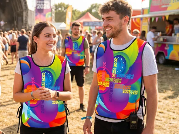 Trainingsweste Mann und Frau tragen individuell bedruckte Trainingswesten im Full-Colour Design auf einem Festival – auffälliger Werbeartikel für Events und Promotion