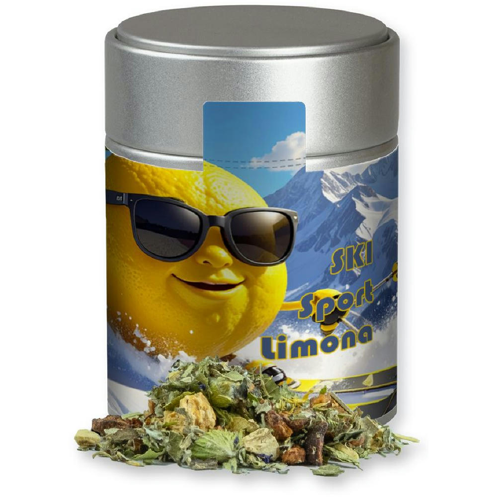 Kräutertee Bergtee & Zitrus, ca. 40g, Metalldose Midi silber Werbeartikel