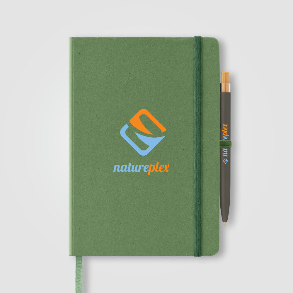 Terra Notizbuch mit festem Einband aus recyceltem Milchkarton - A5 und Reborn Kugelschreiber Set Werbeartikel
