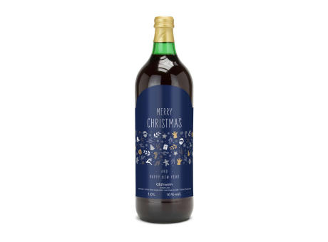 Product image Glühwein - Flasche grün, mit Schraubverschluss, 1 l - Motiv: Merry Christmas (blau) Werbeartikel
