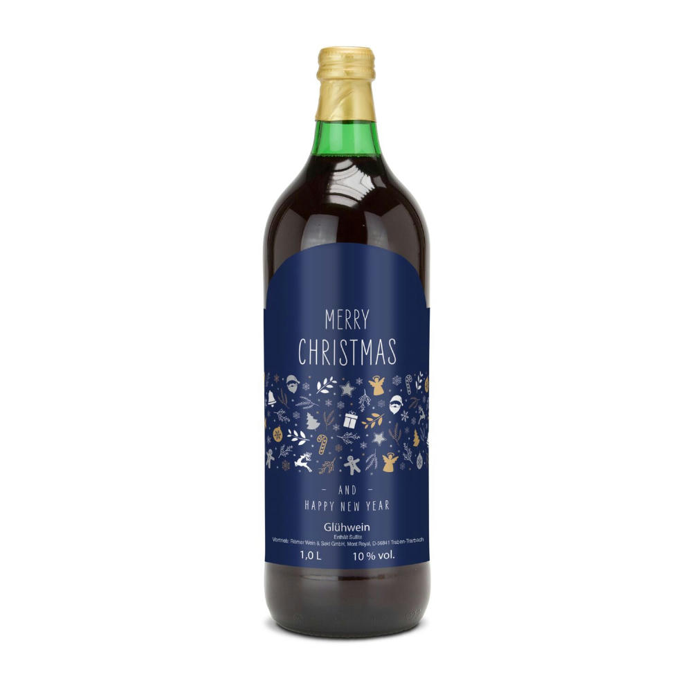 Product image Glühwein - Flasche grün, mit Schraubverschluss, 1 l - Motiv: Merry Christmas (blau) Werbeartikel