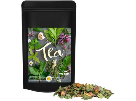 Product image Kräutertee Glücksgefühle, ca. 35g, Standbeutel Midi schwarz Werbeartikel