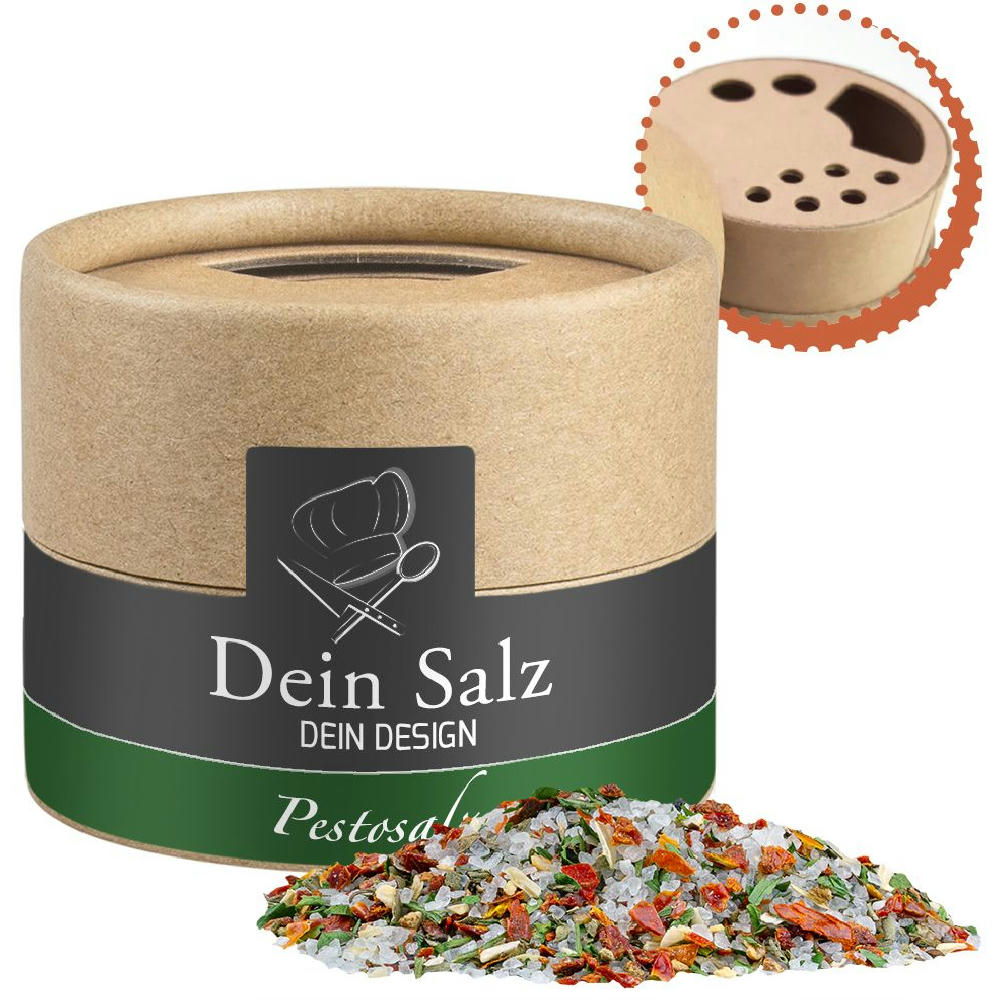 Product image Pestosalz, ca. 40g, Kraftpapierstreuer Mini Werbeartikel