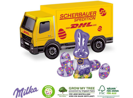 3D PRÄSENT LKW OSTERN MIT SCHOKOLADENMISCHUNG VON MILKA Werbeartikel