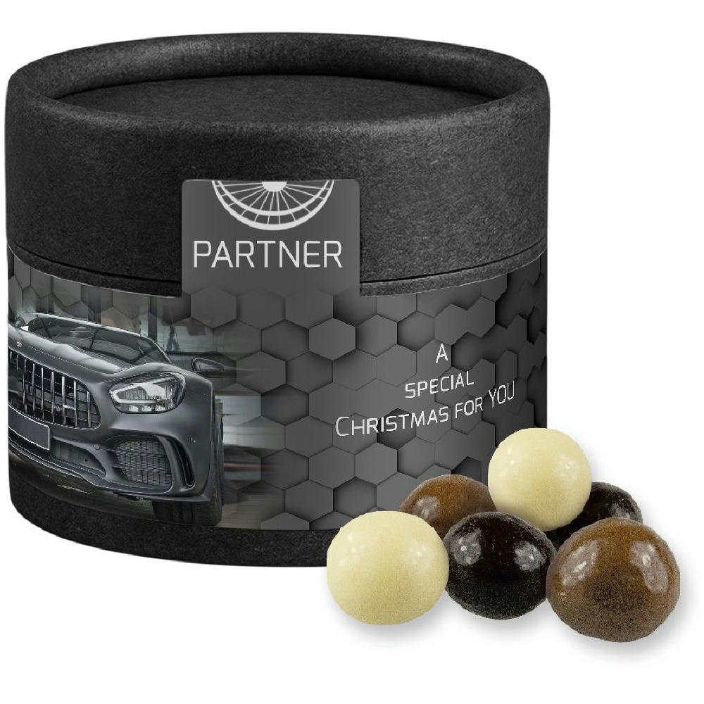 Product image Knusperkugeln-Mix, ca. 25g, Kraftpapierdose Mini schwarz Werbeartikel