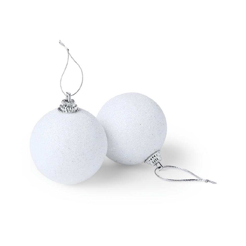 Product image Zwei weiße Glitzerkugeln aus dem Ornament Set Yenkit mit silberner Kappe und Schlaufe – Christbaumschmuck mit Logo