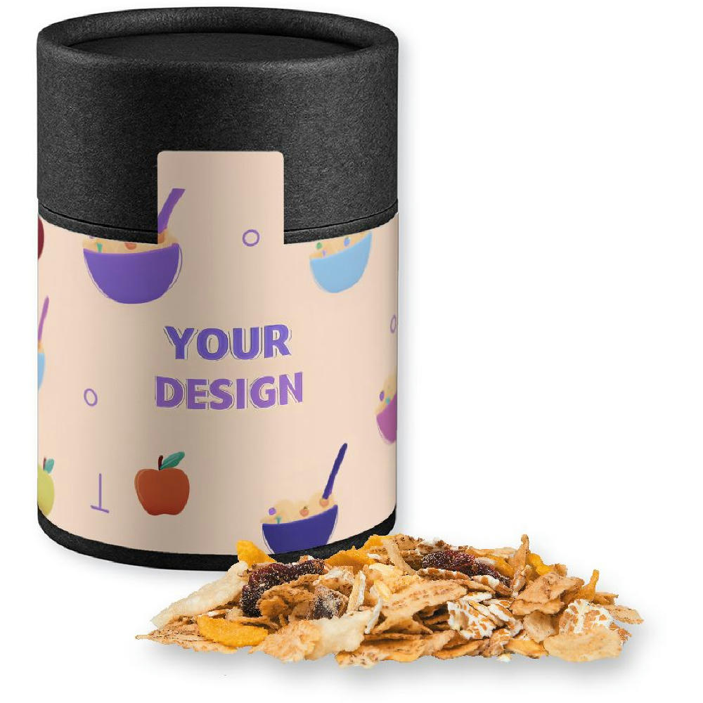 Product image Müsli Apfel-Cranberry, ca. 60g, Kraftpapierdose Midi schwarz Werbeartikel