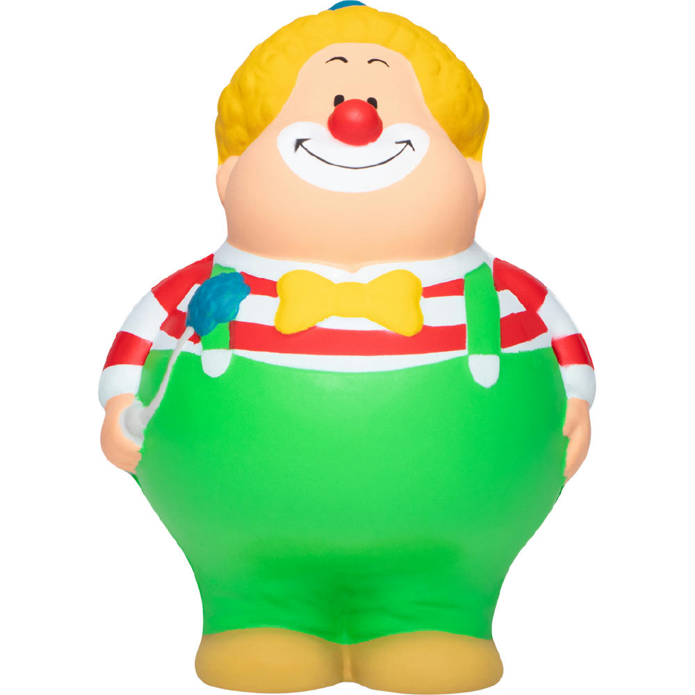 Product image Clown Bert mit roter Nase, Fliege, Ringelshirt und grüner Latzhose – Anti-Stress-Figur mit Logo für Events