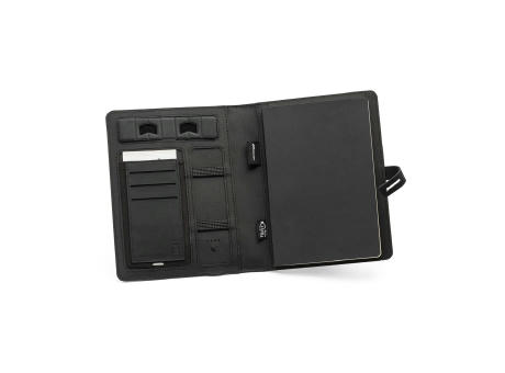 EMERGE A5 FOLDER. A5 Mappe aus 300D recyceltem Polyester (100% rPET) mit kabellosem Ladegerät Werbeartikel