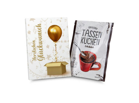 Geschenkartikel / Präsentartikel: Tassenkuchen Schokolade 70 g, Herzlichen Glückwunsch Werbeartikel