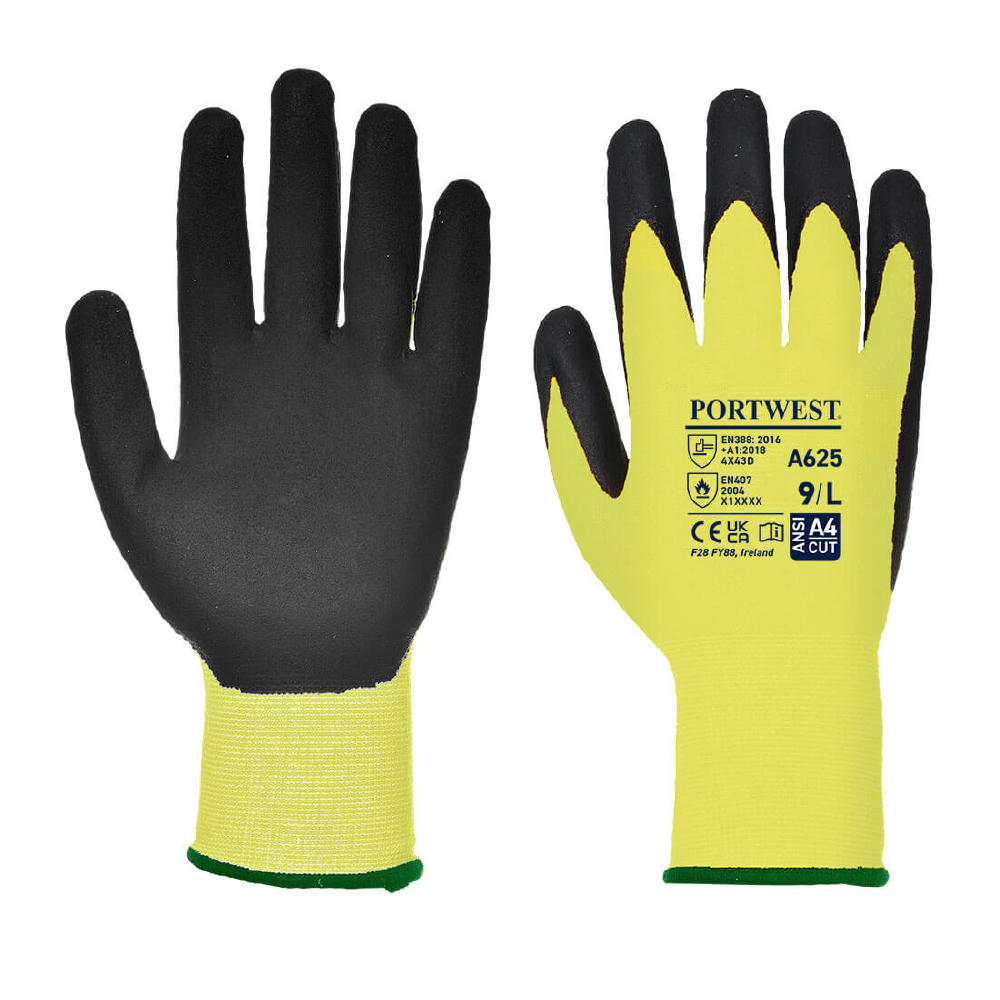 Product image Gelb-schwarze Schnittschutzhandschuhe HA625 mit Beschichtung, Vorder- und Rückseite – Arbeitshandschuhe mit Logo