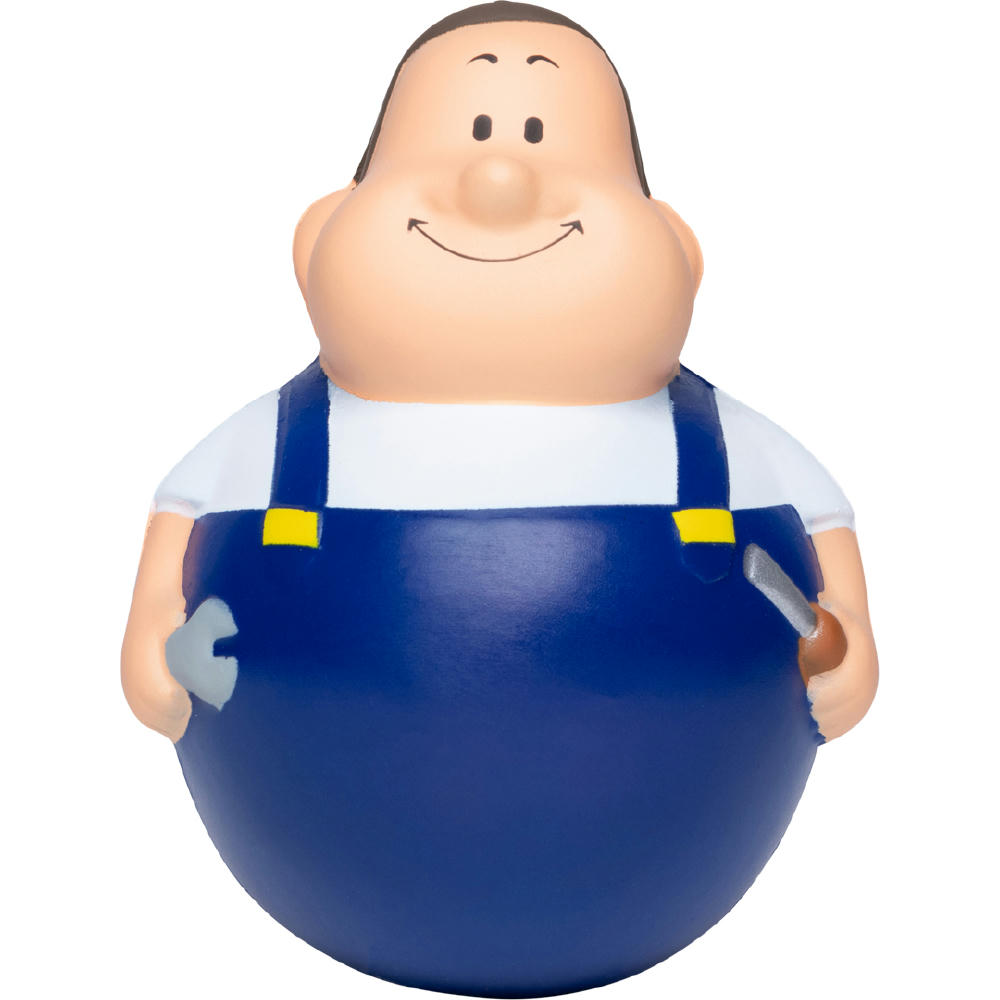 Product image Wackel Schrauber Bert ohne Füße im blauen Overall mit Schraubenschlüssel – Anti-Stress-Figur zum Bedrucken